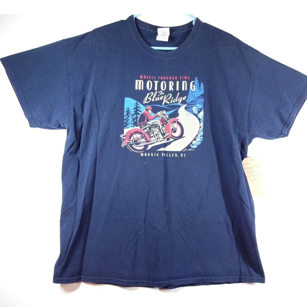 Gildan Graphic Tee XL Navy Blue Motoring Blue Ridge Wheels Through‎ Time Biker